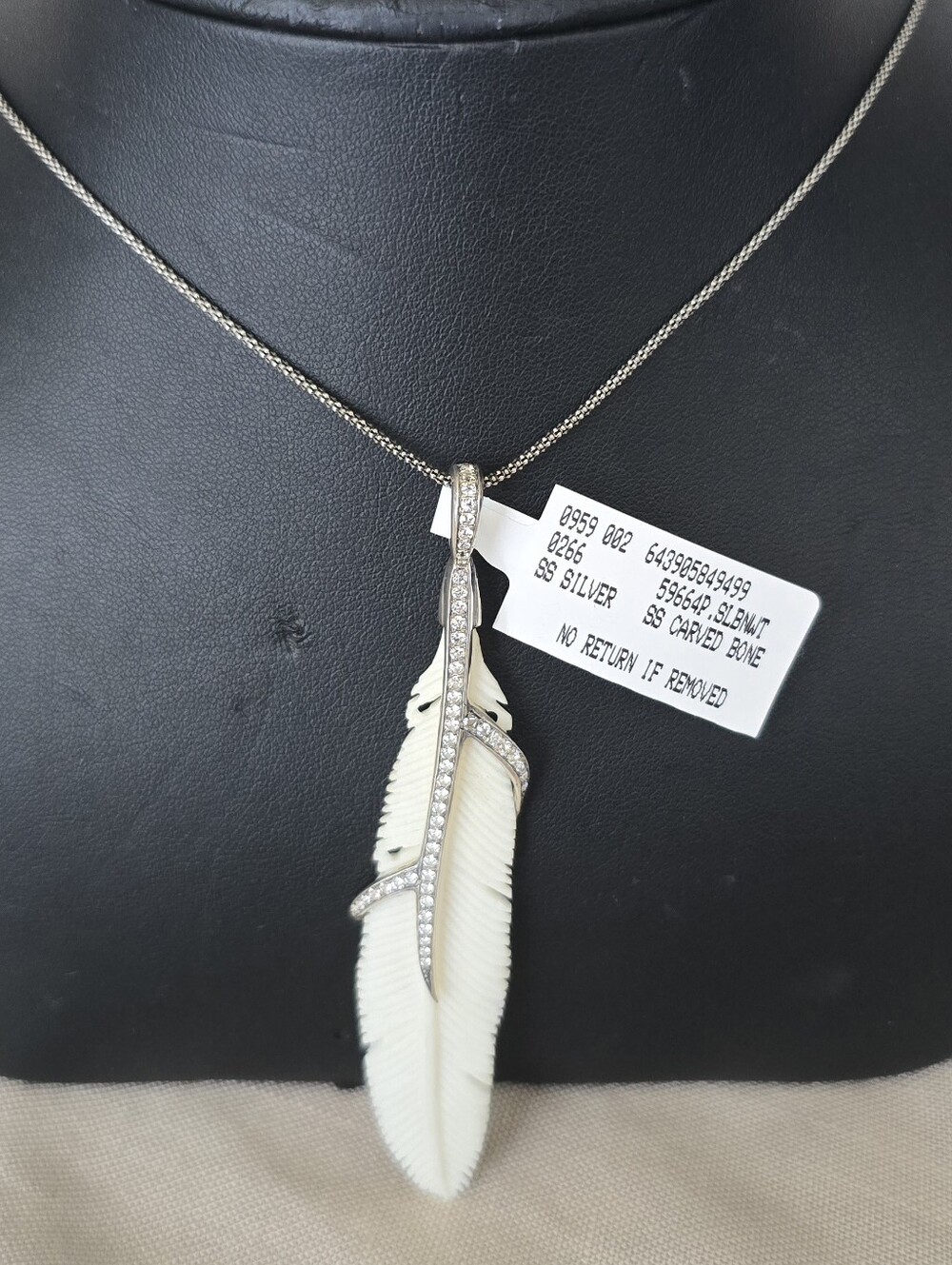 Sterling Silver Feather Pendant Necklace with Carved Feather